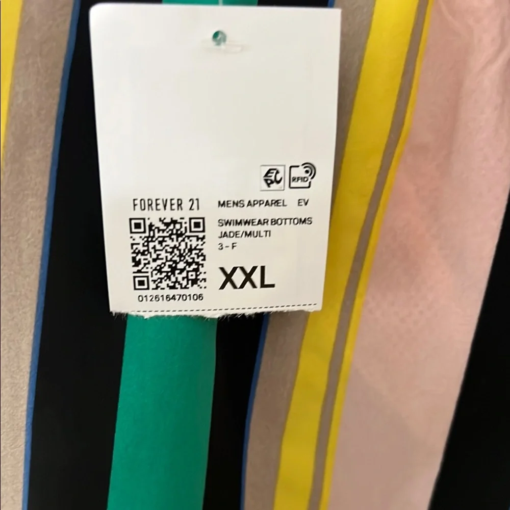 NWT Forever 21 Men’s 2XL Swim Trunks Jade, Tan Yellow Colorblock, Scalloped Hem